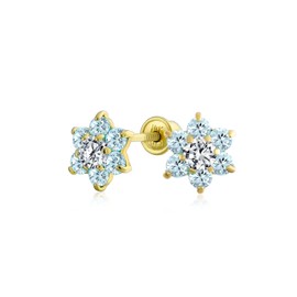 Tiny Aqua Blue CZ Flower Stud Earrings For Women For Teen Cubic Zirconia Simulated Aquamarine Real Gold Screw back