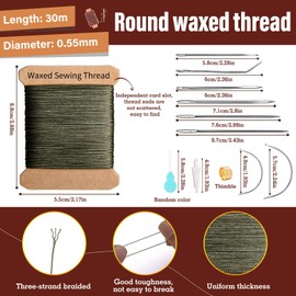 KAQRHFT Repair Sewing Kit, Upholstery Needle with 32 Yard Waxed Thread and 8 Pcs Heavy Duty Leather Needles for Hand Stitching, Canvas & Quilting - 0.55mm Round Waxed Thread Army Green