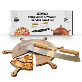 Pellota Premium Wooden Pizza Serving Board Set - 6 Slice Pizza Cutting Board with Stainless Steel Pizza Cutter Rocker Blade, Rocker Knife, Pizza Slicer, Pizza Rocker