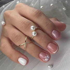 Short Square Press on Nails MABKJLF French Tip Fake Nails Flash Pink Full Cover White Flower False Nails with Designs Glossy Glue on Nails Acrylic Nails Manicure Artificial Nails for Women Girls 24Pcs