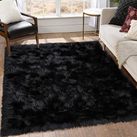 Goolela Shag Rug 6x9 Rugs for Living Room Black Fluffy Faux Sheepskin Fur Rug for Living Room Fuzzy Plush Large Rug for Bedroom Super Soft Shag Rug Home Decor, Rectangle