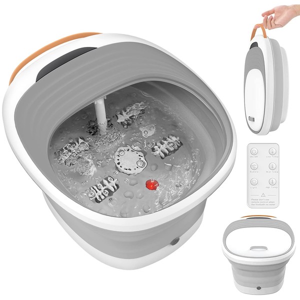 Foot Spa Foot Bath Massager with Heat, Bubbles, Vibration, Red Light, Collapsible Pedicure Foot Soaker w/Remote Control, Removable Massage Rollers, Water Electricity Separation, for Tired Feet Relief