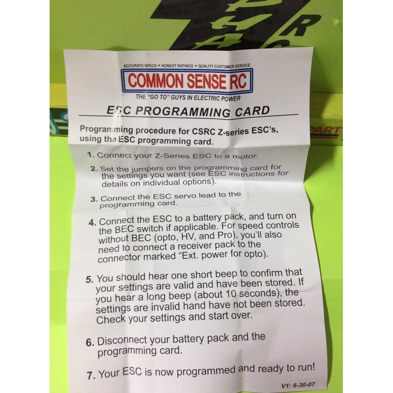 Common Sence Rc Esc Programing Card NewInPack USA Shipped
