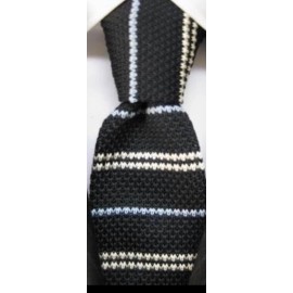 H. LUZZARIO & COMPANY FINE SILK SOLID BLACK KNIT TIE WITH WHITE STRIPES