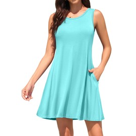 WEACZZY Women Summer Sleeveless Pockets Casual Swing T Shirt Dresses Beach Cover up Plain Pleated Tank Dress,Nile Blue，XL