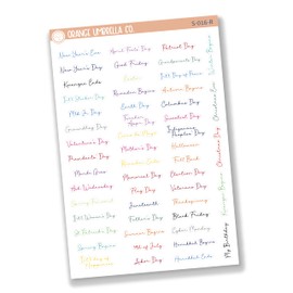 US Holiday Planner Stickers, Script Holiday and Days To Remember Planning Labels, Color Print Planning Stickers, F5 (S-016-R) Rainbow