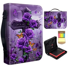 Bible Cover Case for Women,Large Leather Bible Case Fit Book Up to 11x8x2.4 in,Cross with Purple Rose Butterflies Bible Covers for Girls,Bible Study Carrier Church Bags w/Handle Zipper