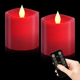 Woocodowe 2 Pieces 3x3 Inch Flickering Flameless Candles, Battery Operated LED Pillar Candle with Remote Control and Timer, Adjustable Brightness for Holidays, Home Decor, Weddings, Red