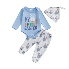 Geagodelia Infant Baby Boy 1st Easter Outfits Short Sleeve Letter Print Romper Jumpsuit Bodysuit and Bunny Print Elastic Long Pants and Hat Sets 3Pcs Clothes for Baby Boy (Navy Blue, 3-6 Months)