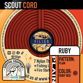 VILIGO Scout Cord - Nylon Braid (3.8mm) - Made of 7 Nylon Strands, 1 Line and 1 Jute String - Survival Rope for Camping and Outdoor Activities (30m, Ruby)