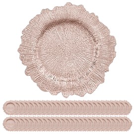 YJYQHYX 50 Pack Charger Plates 13" Round Plastic Reef Chargers for Dinner Plates Rose Gold Charger Plates with Flora Reef Design for Dinner Wedding Party Table Setting Decoration