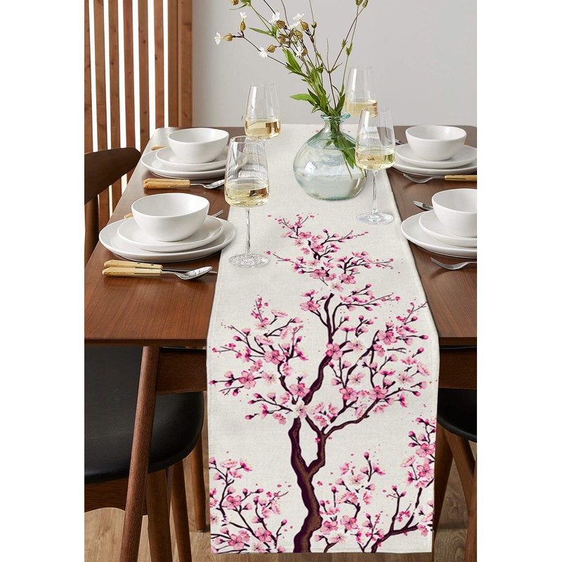 Cherry Blossom Table Runner 36 Inches Long Cotton Linen Tablerunner