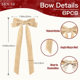 Senjie Velvet Large Christmas Bows for Staircase Garland Wreath, 20in x 8in Vintage Ribbon Bows with Twist Tie for Xmas Tree Holiday Indoor Outdoor Decorations (6Pcs, Khaki)