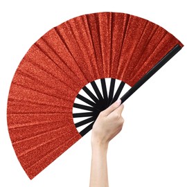YOIYINI Line Dance Popping Fan,13 Inches Clacking Fans for Line Dancing,Boots on The Ground Hand Fan,Popping Fans for Line Dancing,Music Festivals,Carnival,Disco, Party (Red Glitter)