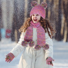 Kids Knit Hat Gloves and Scarf Winter Set Toddlers Winter Beanie Cap with Pom Pom Neck Warmer Gloves for Ages 5-12