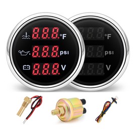 MH Triple Gauge Set - Water Temp (104°F-248°F), Oil Pressure (0-145PSI), Voltmeter (9-32V), AUTO Gauge with Sensors 2" 52mm 3-in-1 Boat Marine Meter Kit (Black and Silver)