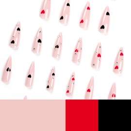 Press on Nails Almond Medium 24Pcs Glossy Full Cover Acrylic Rhinestone False Nails with Black Red Heart Designs Glue on Nails Artificial Valentine's Day Fake Nails Stick on Nails for Women