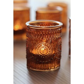 SHMILMH Amber Tealight Candle Holders Set of 36, Ribbed Votive Candle Holders Bulk for Vintage Wedding Birthday Party Christmas Table Decoration