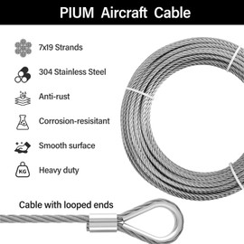 3/16 Stainless Steel Cable, PIUM 50Ft Wire Rope, 3/16" Aircraft Cable with 7x19 Strands and 4000lbs Breaking Strength, 304 Stainless Steel Cable with Loops for Zipline Cable, Boat Lift, Decking Rails