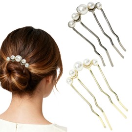 2Pcs Pearl U-Shaped Hair Pins for Buns, Vintage Metal Twist-Style Hair Comb Clips Accessories for Women (Black/Gold)