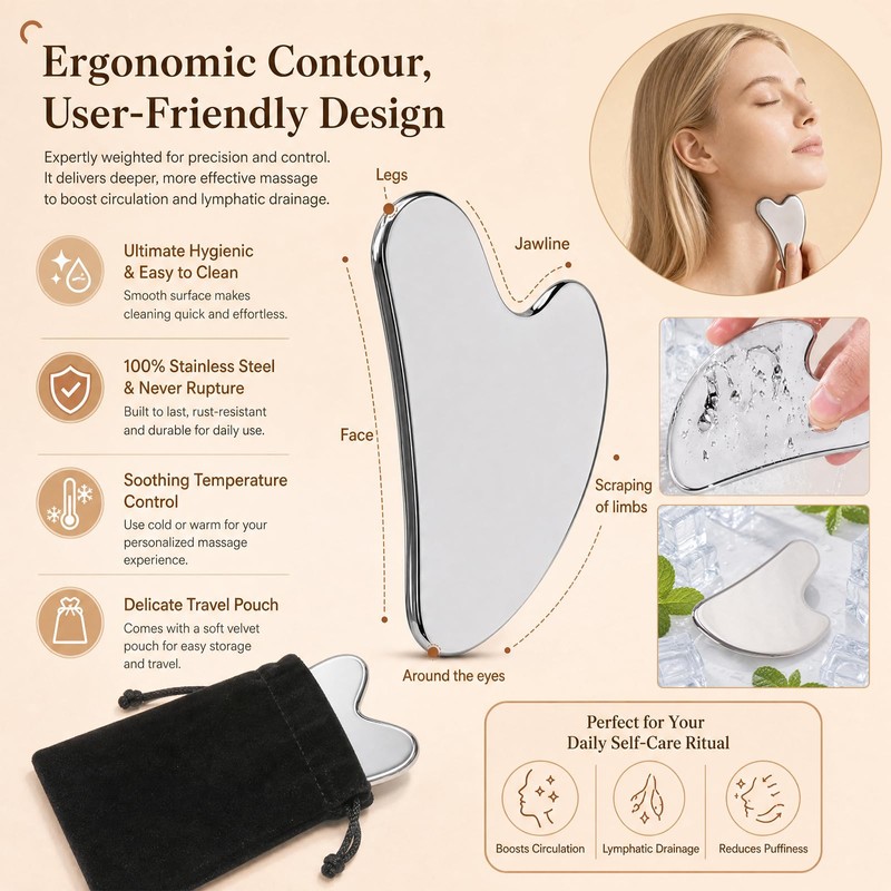 Wood Handle Lymphatic Contour Face Brush & Stainless Steel Gua