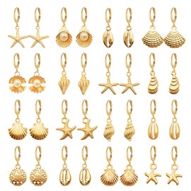 RLHRNDE 16 Pairs Seashell Conch Earrings Set for Women Dainty 14K Summer Beach Jewelry Starfish/Pearl/Clam/Conch Hoop Earrings Bohemian Summer Beach Holiday Fashion Jewelry Gifts (Ocean)