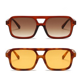 LJCZKA 2 Pcs Fashion Pilot Sunglasses for Women Men Flat Square Frame Double Bridge Sunglasses Classic Vintage Style with UV400 Protection