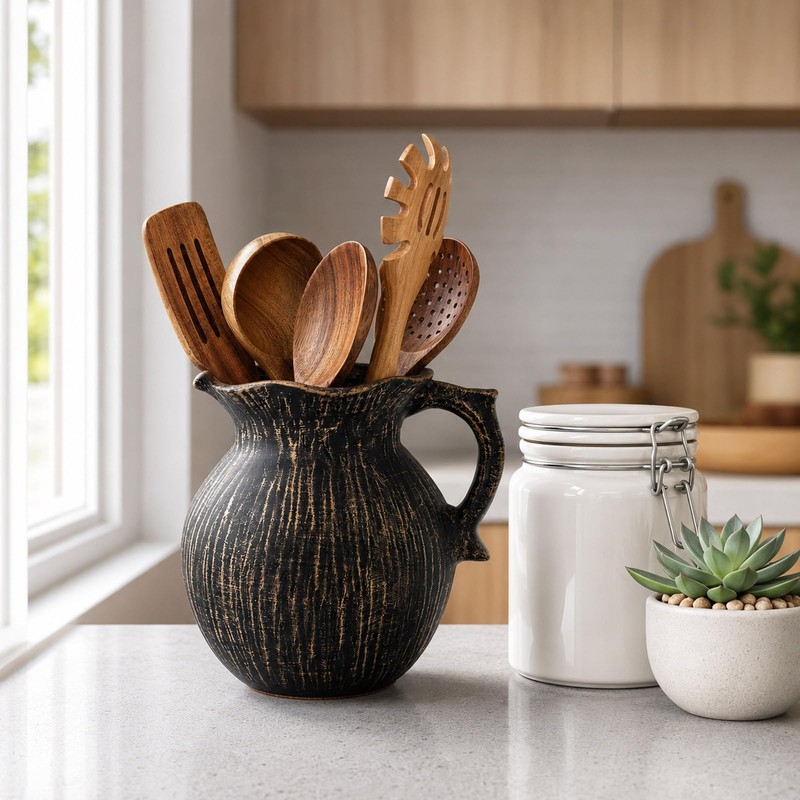 Black Vintage Countertop Utensil Holder, 7.1" Farmhouse Crock with Handle