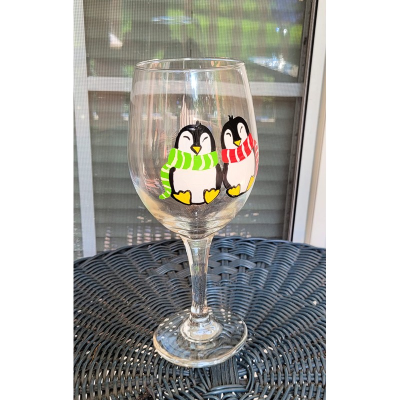Cute Winter Penguin Couple Hand Painted Stemmed Wine Glasses Set