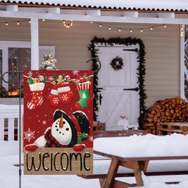 Heyfibro Welcome Christmas Snowman Garden Flag 12x18 Inch Double Sided Burlap, Winter Snowflake Yard Flags for Holiday Xmas Seasonal Outdoor Decoration(ONLY FLAG)