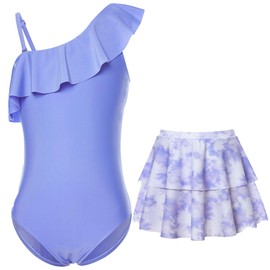 swimsobo One Piece Swimsuit with Skirt for Size 9-10 Years Girl One Shoulder Ruffle Bathing Suit Purple Adjustable Strap Swimwear