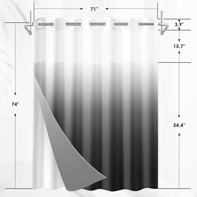 Nesphy No Hook Ombre Black and Grey Shower Curtain with