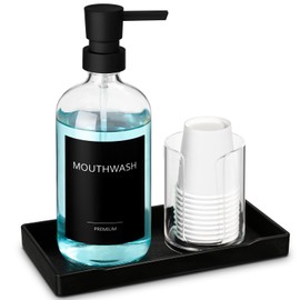 TOLDATLI Mouthwash Dispenser for Bathroom, Glass Mouth Wash Pump Dispenser with Cup Holder, 17 Fl Oz Mouthwash Bottle Decanter with Tray, Refillable Mouthwash Dispenser Container, Stylish, Modern