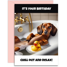Dachshund Birthday Card - Chill out and Relax - A5 Size with Pink Envelope. Funny Card for her, mum, nan, auntie, sister, daughter. Designed and Printed in the UK