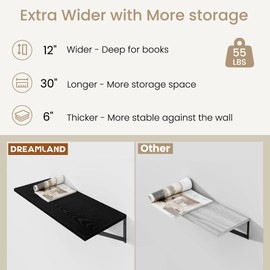 Deep Floating Shelves for Wall, Black Wood Wall Mounted Shelves, Large Floating Shelf 12 * 30 inch Set of 2 for Bookshelf Living Room Bedroom Home Office Bathroom