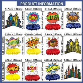 Gyufise 12Pcs Hero Party Decoration Hero Honeycomb Centerpieces 3D Table Topper Paper Large Word Centerpieces Fun Action Sign Standing Card for Birthday Baby Shower Decor Supplies
