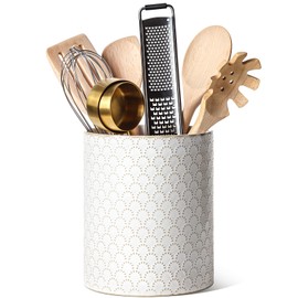 LE TAUCI Utensil Holder, 7.1" Ceramic Kitchen Utensil Holder for Counter top, Embossed Cooking Utensil Organizer for Spatula & Spoon, Kitchen Decor, Set of 1, Arctic White,Fireworks