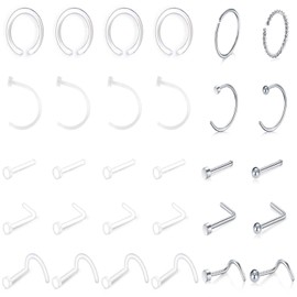 LAURITAMI 30pcs Clear Nose Stud Piercing Ring Retainer 20G Bioflex Acrylic Nasal Hoop Pin Bone Screw Spiral L kit Invisible