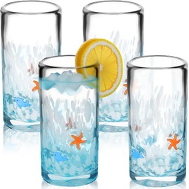 Skylety 4 Pcs Hand Blown Ocean Glasses 16 oz Recycled Blue Ombre Highball Glasses Gradient Mexican Drinking Tumblers, Blue Confetti, for Home Kitchen Decor Cocktail Summer Beach Party Supplies