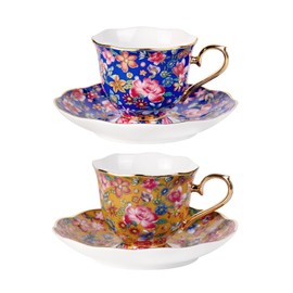 KAMMAK Tea Cup and Saucers Set of 2, 6.3oz Blue and Gold Porcelain Tea Set, Ceramic Vintage Tea Cup Set wIth Golden Rim, Floral Cofffee Cup, Espresso Cups for Home, Tea Party, Office