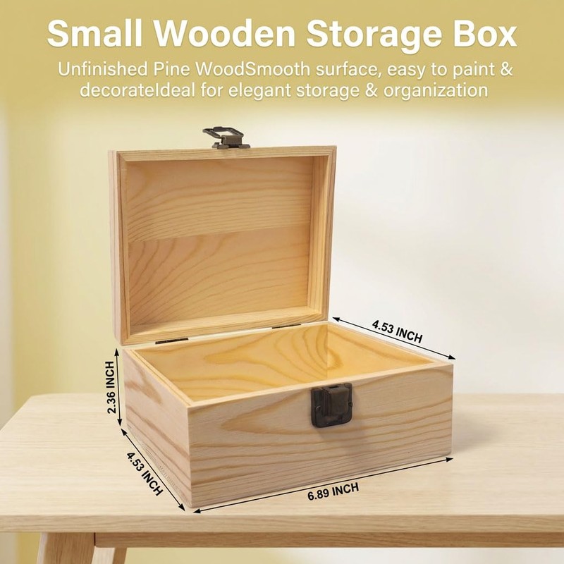 YXFZPAN Small Wooden Box with Hinged Lid - 6.88x4.52x2.36 Inch