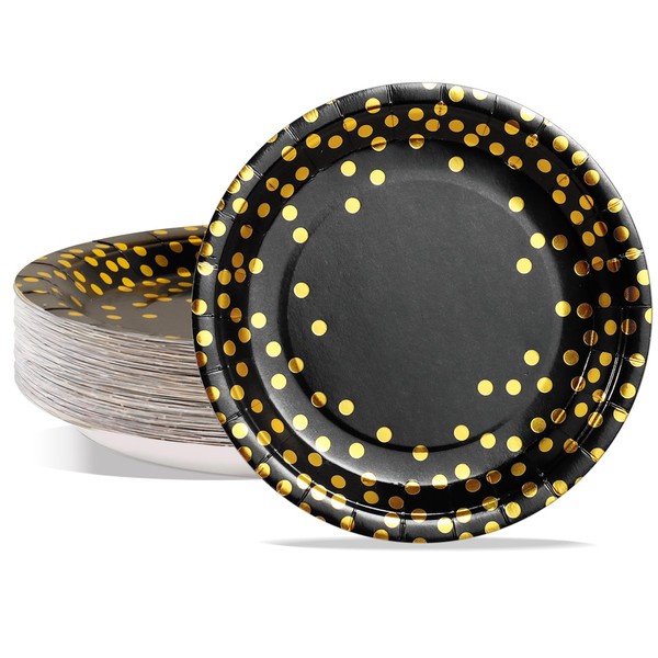 PYAILI Party Paper Plates, 50-Pack Disposable Black and Gold Plates,