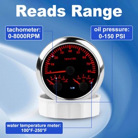WATERWICH 3 in1 Car Marine Meter 85mm 7 Colors Tachometer 8000 RPM + Oil Pressure Gauge + Water Temperature Gauge 100°F-250°F for Truck Boat Vehicle