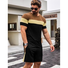 Babioboa Men's 2 Piece Outfits Colorblock Short Sleeve Tee and Drawstring Waist Shorts Set