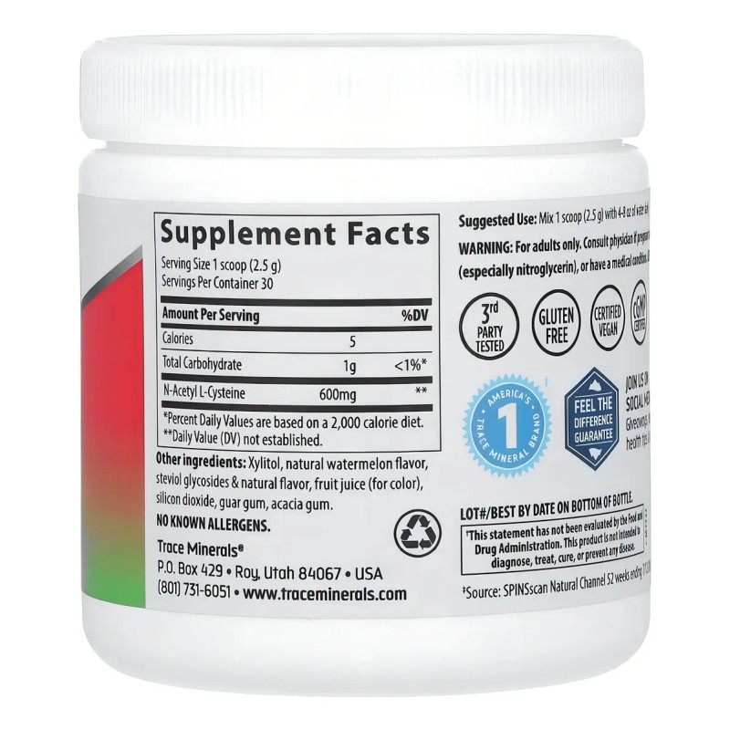 Trace Minerals Nac N-acetil-l-cisteína Polvo 600mg 75grs Sabor Sandía