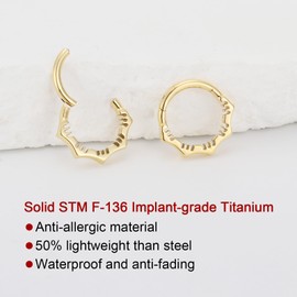 PIERCINGBOY 1Pcs 16G 10mm Titanium Nose Rings Gold Flower Hinged Septum Ring 16 Gauge Daith Hoop Earring Stacked Septum Rook Clicker Piercing, Titanium, no gemstone