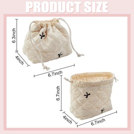 PLIGREAT Small Drawstring Makeup Bag Cotton Quilted Cosmetic Bag with Canvas Lining White Bow Style Portable Make Up Organizer for Traveling Toiletry Cute Women Gift