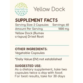 HerbEra Yellow Dock 120 Capsules, 500 mg, Yellow Dock (Rumex Crispus) Dried Root (120 Capsules)