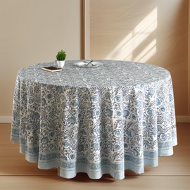CPC Round Tablecloth- Cotton Indian Block Print Tablecloth -Handmade Printed Washable Cotton Table Cloth - Spring/Summer, Wedding Table Cover - Indigo Blue 60 Inches