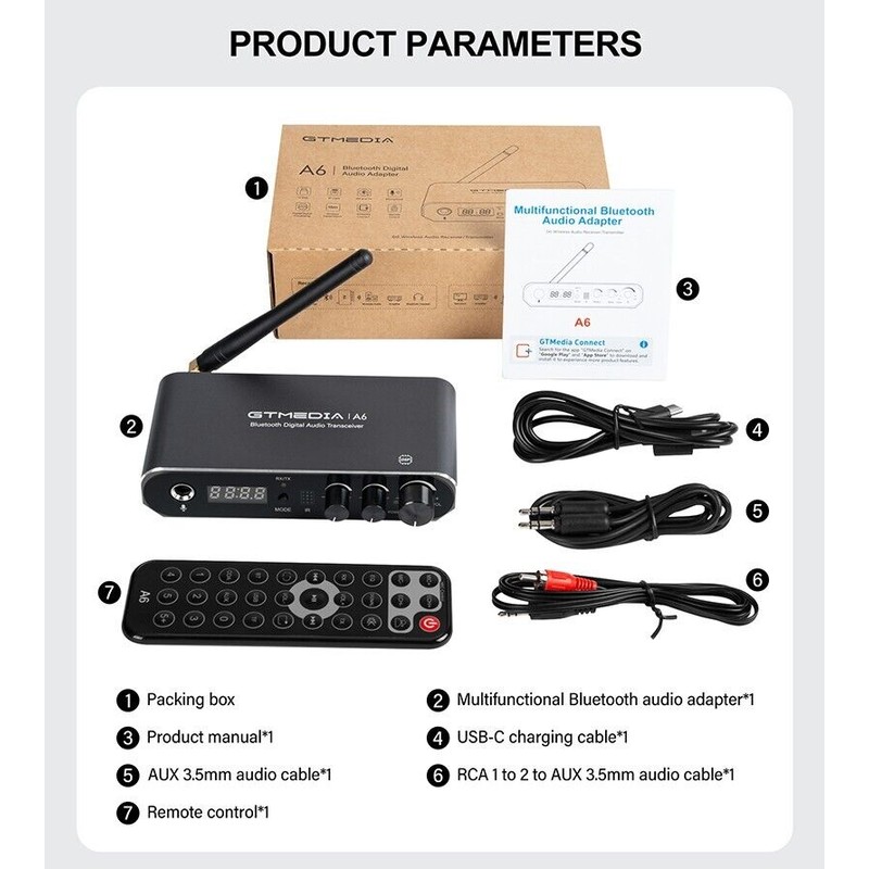 GTMEDIA A6 Bluetooth 5.1 Receiver Transmitter Bass Audio Adapter Coaxial